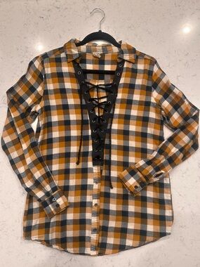 Gimmicks by Bucket Plaid Lace-Up Shirt - Mustard & Black/Dark Teal